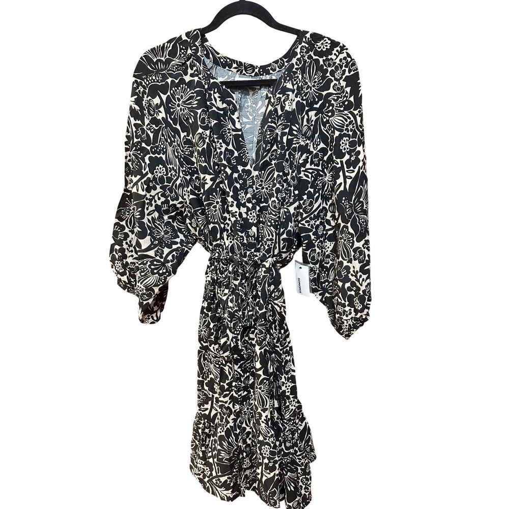 Sonoma Goods For Life Black Tan Floral Tie Waist Midi Dress Plus Size 3X NEW‎